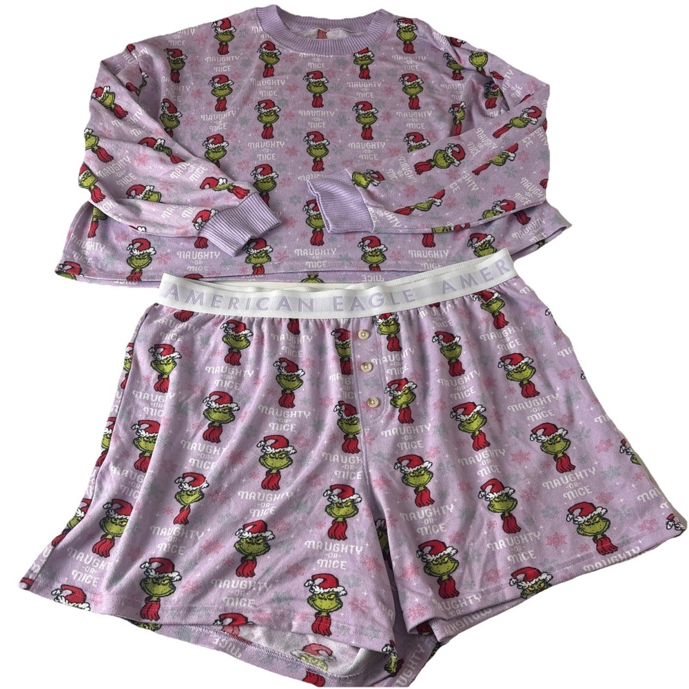 American Eagle Grinch Santa Pajama Set XL Top & Shorts AE Lounge naughty or nice - Picture 1 of 13